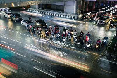 High angle view of traffic on road at night