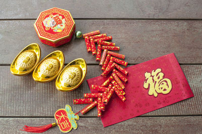 High angle view of decorations on table for chinese new year