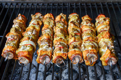 Close-up of meat on barbecue grill