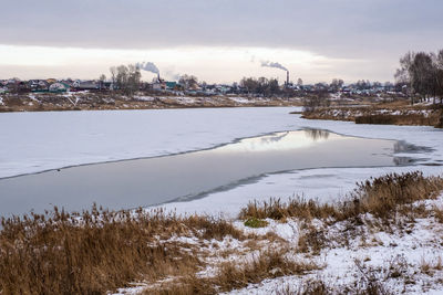 Scenic view of frozen lake against sky during winter