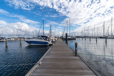 Sailboats moored in marina