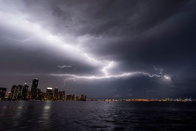 Lightning over illuminated buildings in city at night