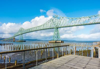 Low angle view of bridge over calm sea against sky