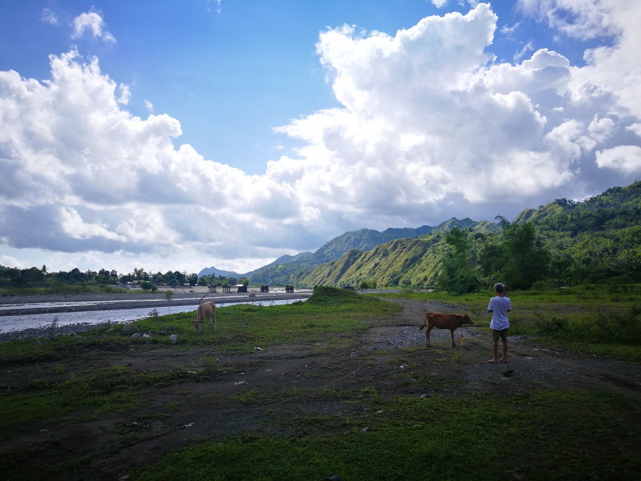 sky, cloud - sky, real people, men, nature, beauty in nature, full length, rear view, landscape, day, scenics, two people, mountain, outdoors, lifestyles, women, water, people