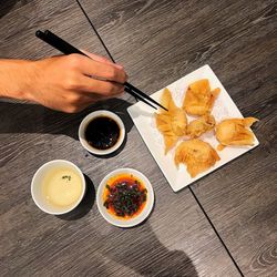 High angle view of breakfast on table