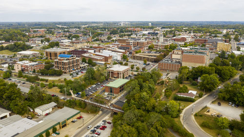 High angle view of street amidst buildings in city