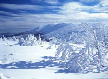 Scenic view of snow covered landscape against sky