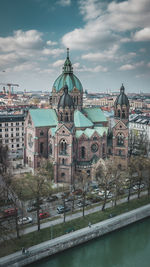 Aerial view of st. lukas church and in the background munich cit