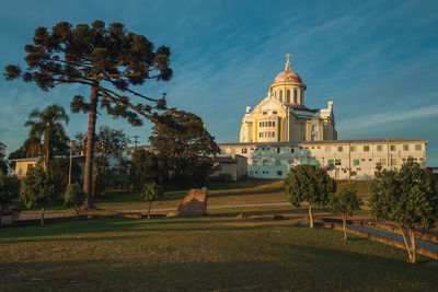 View of trees and building against sky