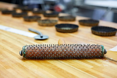 High angle view of caterpillar on table