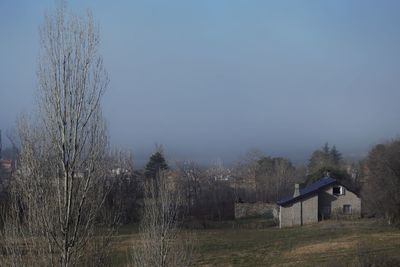 Houses and trees on field against sky