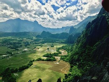 High angle view of agricultural field against sky