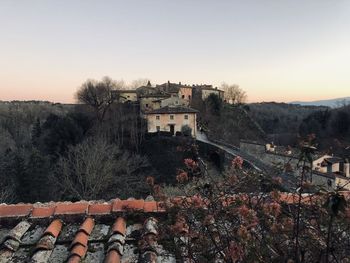 High angle view of townscape against clear sky