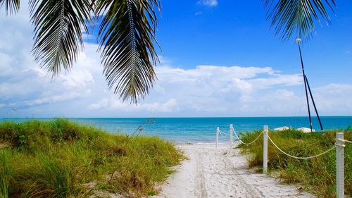 Scenic view of beach against cloudy sky