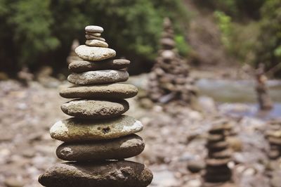 Close-up of stone stack on rock