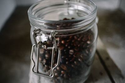 High angle view of drink in jar on table