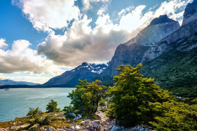 Scenic view of lake and mountains against sky