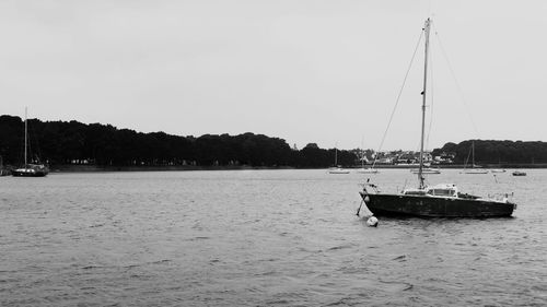 Sailboat moored on sea against clear sky