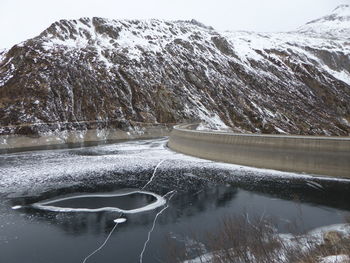 Frozen lake by snowcapped mountain