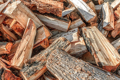 Pile of chopped firewood on a sunny day close up