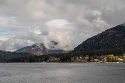 Scenic view of lake and mountains against sky