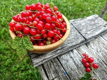 High angle view of red currants in bowl on crate