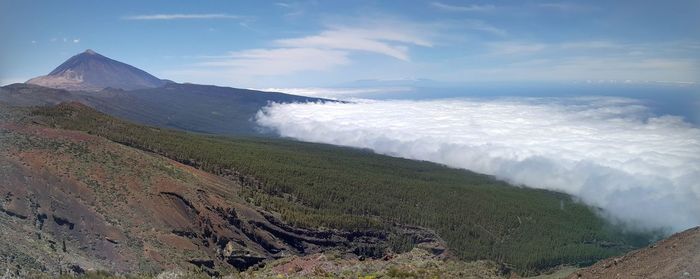 Scenic view of sea and mountains against sky