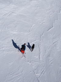 High angle view of man skiing with dog on snow covered field