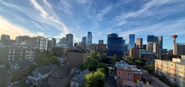 High angle view of buildings in city against sky