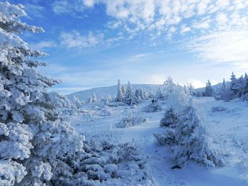 Snow covered landscape against sky