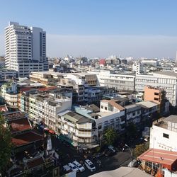 High angle view of buildings in city against sky