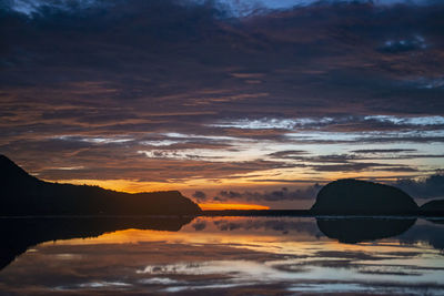 Scenic view of lake against sky during sunset