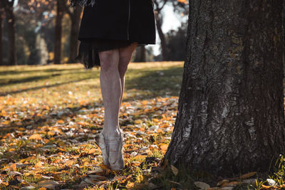 Low section of man standing on tree trunk