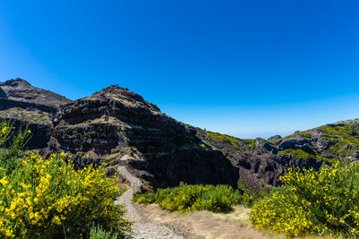 Scenic view of mountains against clear blue sky