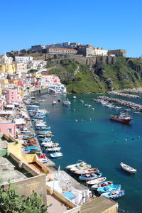 High angle view of boats in sea against clear blue sky