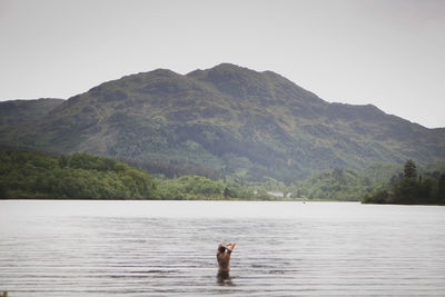 Rear view of man in lake against mountains