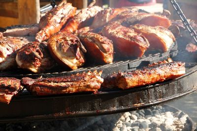 Close-up of meat on barbecue grill