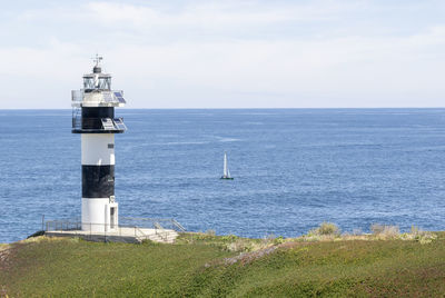 Lighthouse by sea against sky