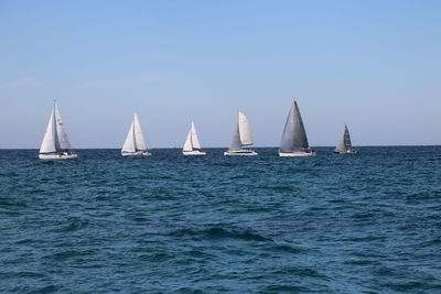 Sailboats sailing in sea against clear blue sky