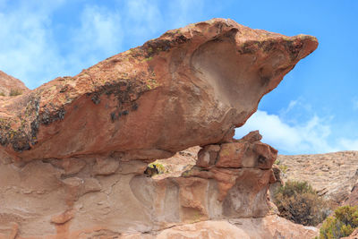 Low angle view of rock formation against sky