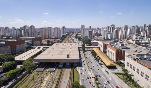 High angle view of buildings in city against sky