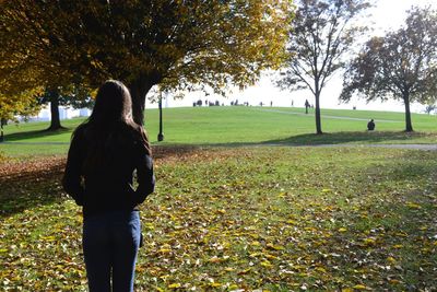 Rear view of woman in autumn tree