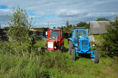 High angle view of tractor on field