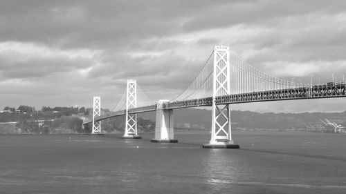 Suspension bridge against cloudy sky