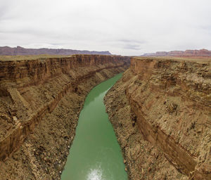 Aerial of the colorado river cutting a green line through the de