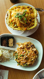 High angle view of food served on table