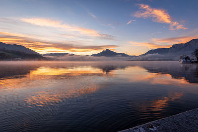 Scenic view of lake against sky during sunset