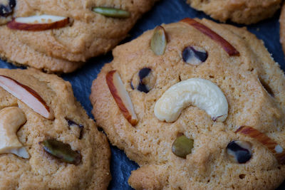 High angle close-up of cookies on table