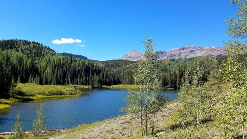 Scenic view of lake against blue sky