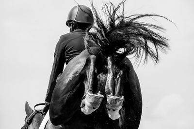 Rear view of person holding statue against sky